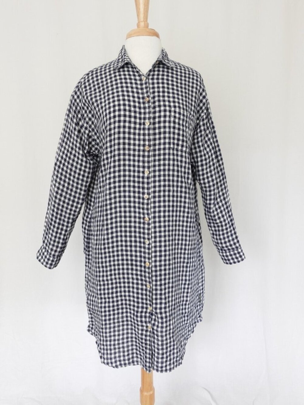 LinenMe 100% Linen Gingham Check Long Sleeve Button Front Dress Navy size Large